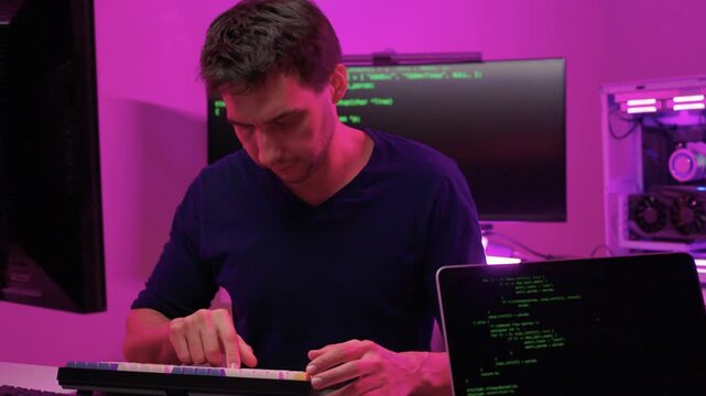 Keyboard modding scene. Closeup of key replacement in vibrant studio setting. Dynamic view of mechanical key modding process illuminated by bright pink studio lighting