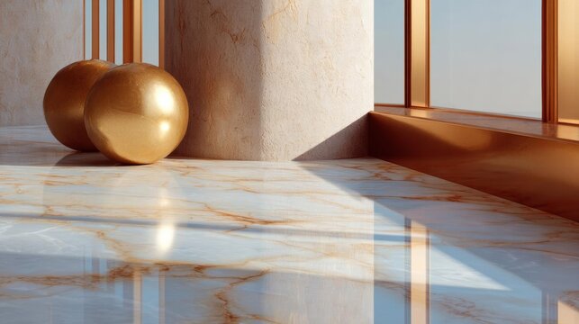 Modern and luxurious interior space with a marble floor. the floor is made of white marble with a golden hue, and there are two large, round objects on the left side of the image.