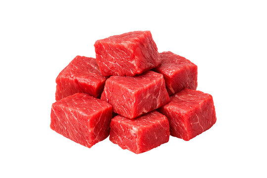 Cubed raw beef chunks isolated on transparent background high quality protein