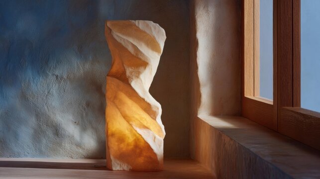 Tall, abstract sculpture in the corner of a room with a window on the right side. the sculpture is made of a light-colored material, possibly stone or concrete, and has a smooth, curved shape.