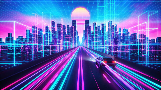 Retro silver car speeds along neon highway toward glowing grid city and striped synthwave sun on futuristic skyline background, concept of digital velocity