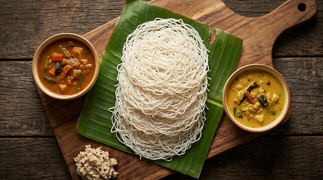 Stack of fresh string hoppers served on a green banana leaf with bowls of spicy curry and coconut sambal on a wooden board
