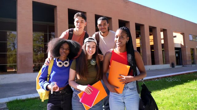 Group of diverse university students smiling together on campus