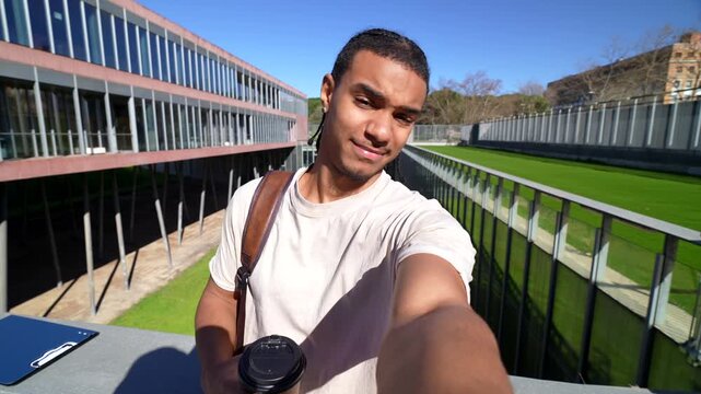 African american student recording selfie video on campus
