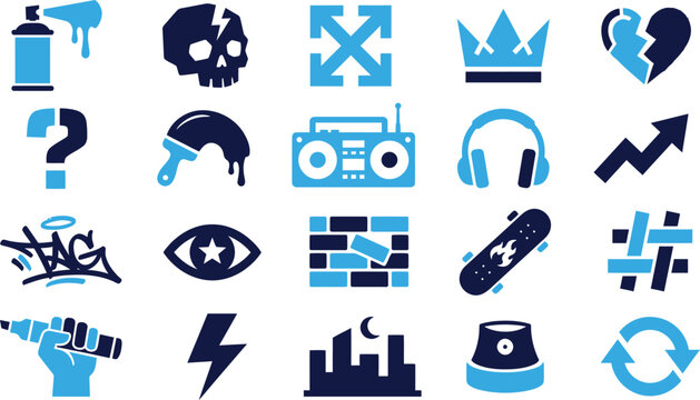 Graffiti and urban art style icons like spray paint, skull, crown, broken heart, radio, headphones, skateboard, tag, eye, brick wall, lightning.