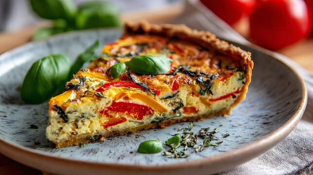 A delicious slice of quiche with basil on a plate
