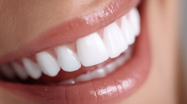 Close-up of a perfect smile after dental implant, glossy and healthy teeth