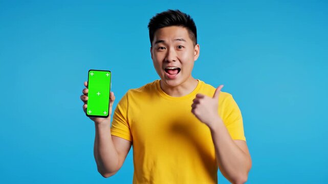 Happy Asian man displays smartphone with green screen, points, and gives thumbs up. Perfect for app promotion.