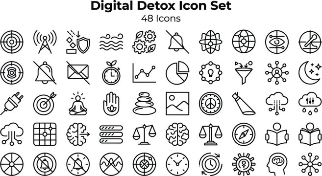Digital detox icon set with mindfulness focus relaxation screen time control and modern wellness outline vector symbols collection