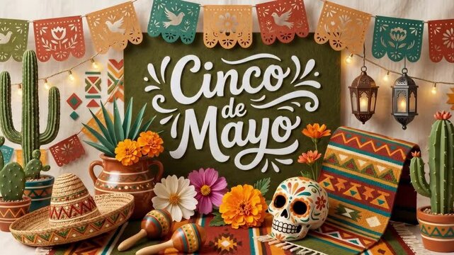 Cinco de Mayo holiday table decoration with papel picado banners, cacti, sombrero, maracas and sugar skull. Traditional Mexican fiesta setup featuring Spanish text Cinco de Mayo for cultural