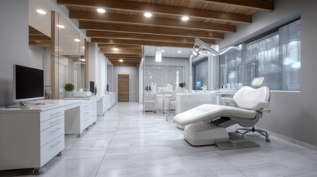 Modern dental lab workplace with clean white surfaces, dental chair, computer, bright lighting, and wooden ceiling beams, creating professional