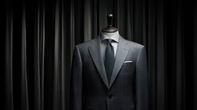 Formal gray suit, tie, shirt, and pocket square on a mannequin in front of black curtains