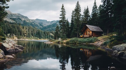 Obraz premium Rustic log cabin by a tranquil mountain lake.