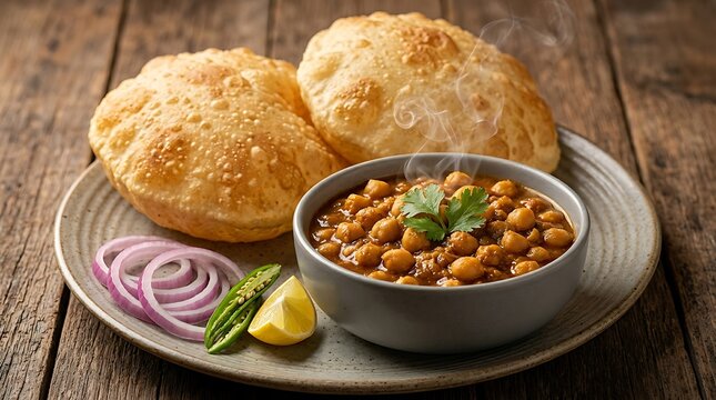 Delicious chana masala with fried poori bread served on a plate with onion and lemon on a rustic wooden table