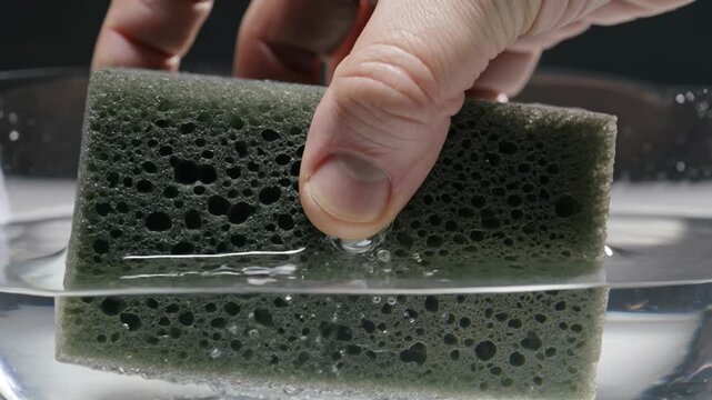 Enchanting dance of an olive sponge meeting clear water, a graceful submersion demonstrating liquid absorption and bubbly release