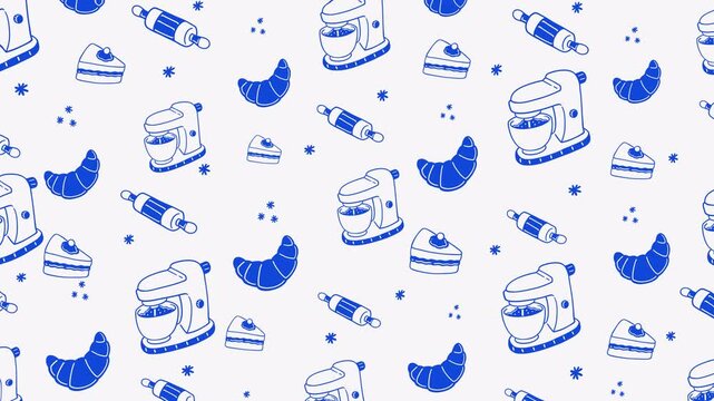 Baking tools hand drawn seamless pattern on white background animation set for bakery. Motif pattern of stand mixer, croissant, cake slice, rolling pin doodle illustration for pastry