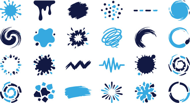 Abstract blue and dark blue paint splatters splashes brush strokes and circles.