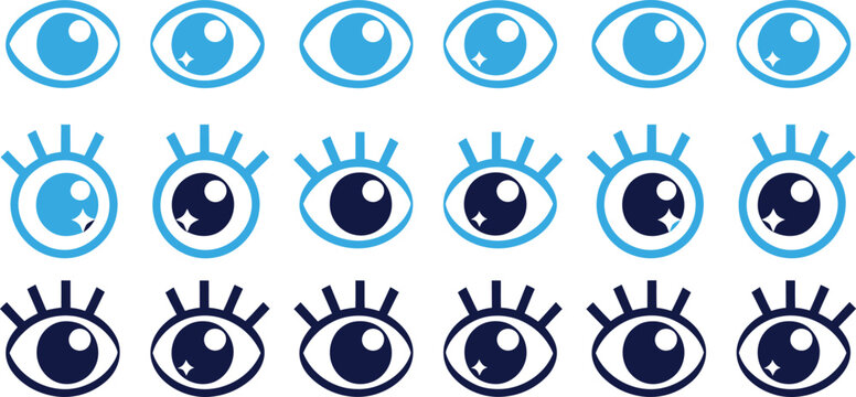 Set of twenty one stylized eye icons and symbols in blue and dark blue with variations in pupils.