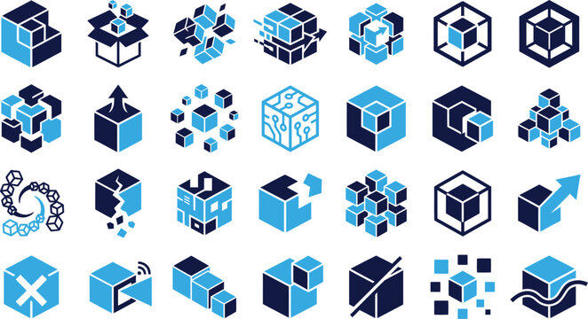Abstract geometric cube designs and concepts representing data blockchain technology and construction.