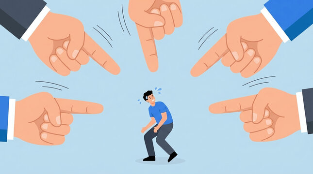 Gigantic menacing hand of an executive boss pointing and blaming a stressed office worker in a conceptual toxic workplace environment, illustrating corporate pressure and professional intimidation.