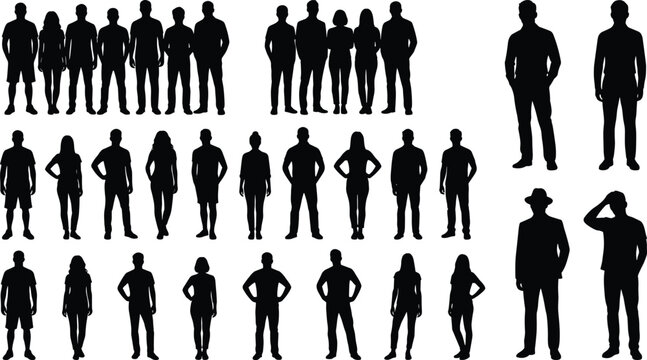 Set of diverse people silhouettes in various standing poses including casual groups and business individuals for professional graphic design