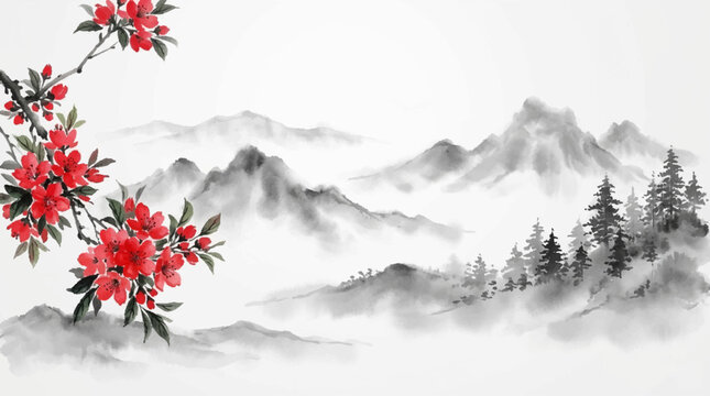 Traditional sumi e painting of cherry blossoms and misty mountains