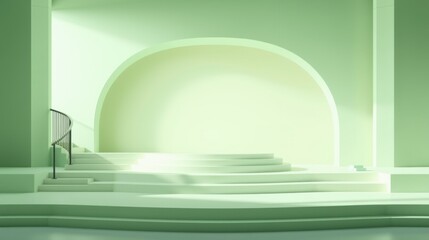Obraz premium Minimalist interior. Soft light illuminates curved architecture, stairs leading upwards. Pastel green hues dominate serene space.