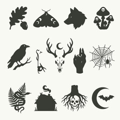 Obraz premium Mystical Forest Silhouette Collection Dark Nature Symbols, Ancient Creatures, and Occult Icons. Ideal for Gothic, Pagan, and Fantasy Designs, Evoking a Profound Woodland Aesthetic