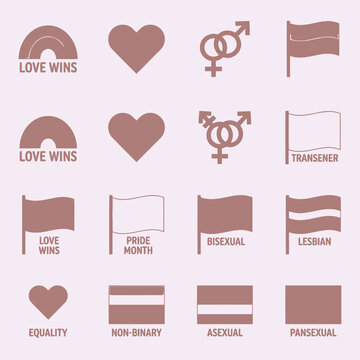 Earthy monochromatic set of vector symbols representing LGBTQ+ pride, diversity, and equality, featuring identity flags and emblems to promote universal acceptance and inclusion