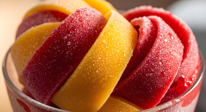 A glass jar filled with colorful frozen fruit sorbets, a close-up photograph with fine details, natural lighting.