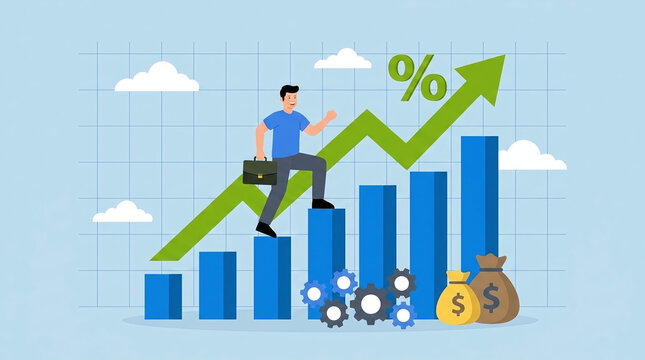 Successful entrepreneur climbing upward on a rising interest rate percentage chart representing financial growth, profitable investment strategy, and economic prosperity for a visionary investor.