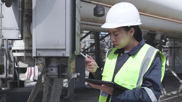 Industrial worker safety vest hard hat clipboard inspection factory equipment engineer technician maintenance checklist using tablet for industrial inspection near factory pipeline machinery worksite