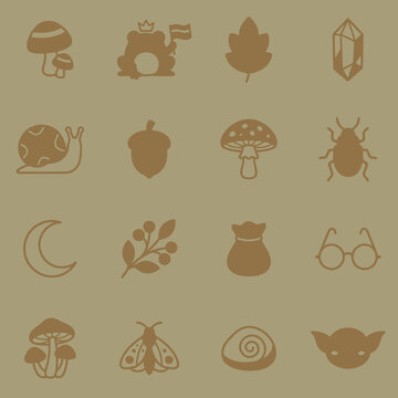 Cottagecore and fantasy forest vector icons set featuring mushrooms, frog, crystal, snail, acorn, moth, and goblin on a brown background