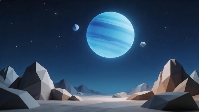 Low poly alien landscape with planets