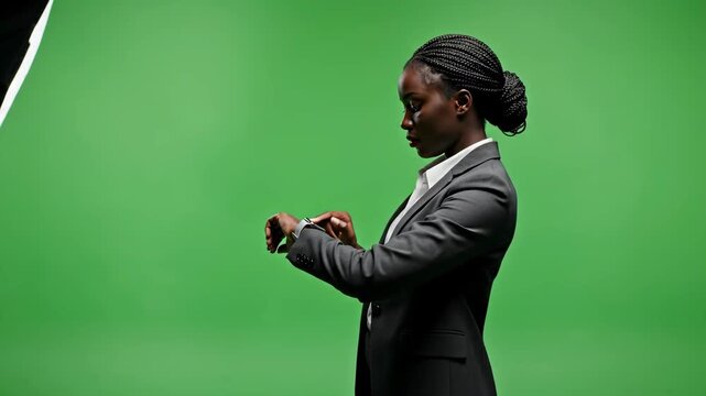 Professional African American woman in formal suit uses a modern smartwatch against a green screen, showcasing modern technology and business connectivity.