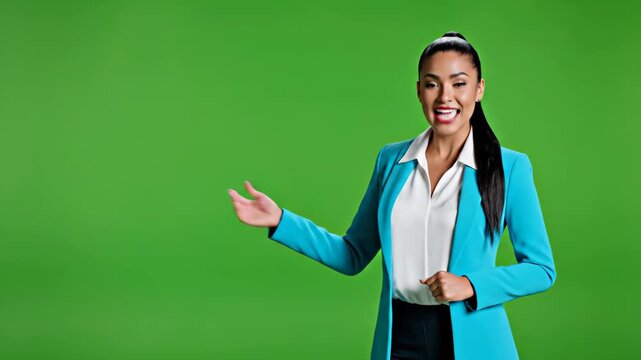 Professional businesswoman in blue blazer presents on green screen, ideal for corporate communication. Smiling and gesturing.