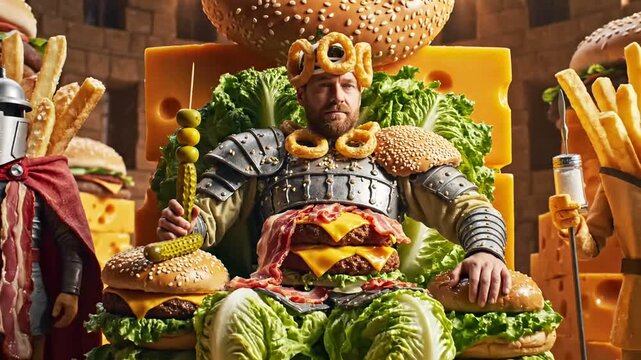 Burger King on a Throne of Lettuce and Cheese with Guards.