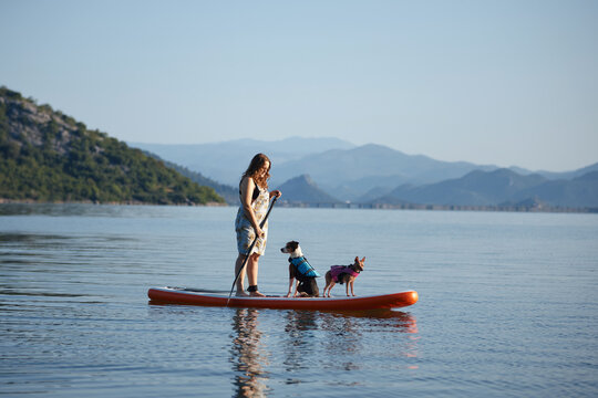 A woman glides on the lake with a dogs. The water is calm and hills reflect in the distance.