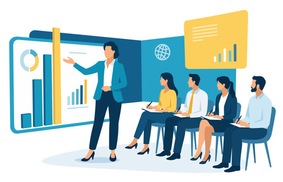 Businesswoman presenting growth strategy to team in modern space with growing bar graph. Vector business illustration. 