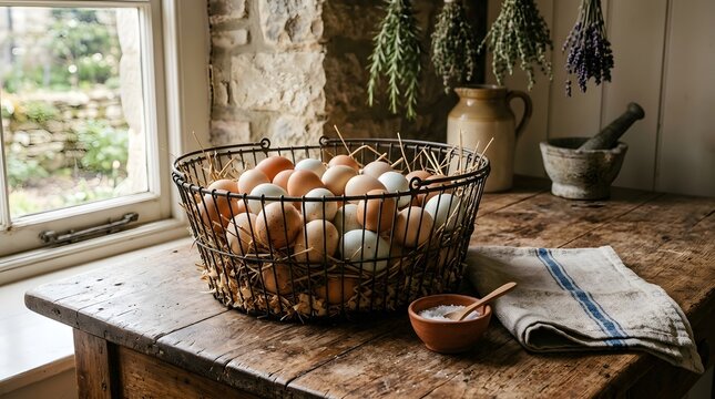 A wire basket filled with fresh brown chicken eggs and straw on a rustic wooden kitchen table