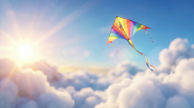 A visual metaphor for success, hope and achieving goals: A bright colorful kite flies high in the blue sky above fluffy white clouds on a sunny day