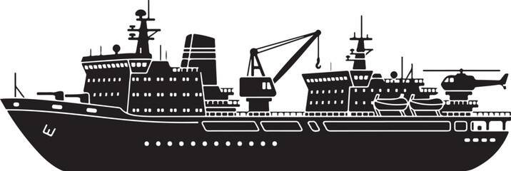 Obraz premium Detailed Silhouette of a Large Icebreaker Ship with Crane and Helicopter.