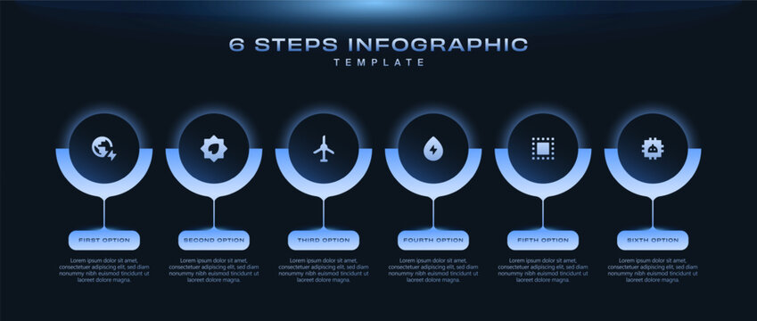 Neon gradient tech infographic template with 6 step UI layout, AI data analysis icons, charts, pie graphs, workflow diagram, dark background, editable design for business report presentation