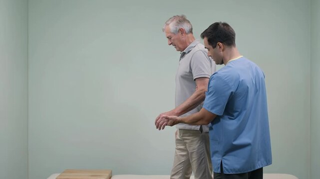 Guiding steps to recovery an older gentleman receives compassionate balance support from his skilled physiotherapist