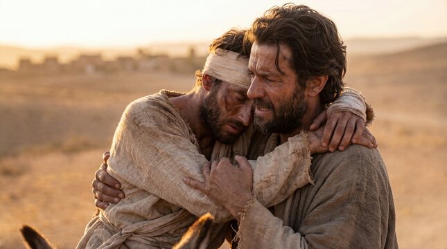 The Good Samaritan Helping an Injured Man on the Road, A Parable of Compassion and Mercy