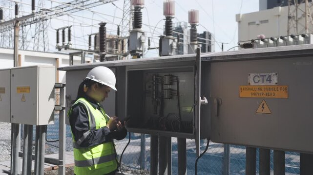 Electrical substation engineer high voltage control panel maintenance safety technician inspecting open electrical panel, wearing hard hat and reflective vest, taking notes during inspection