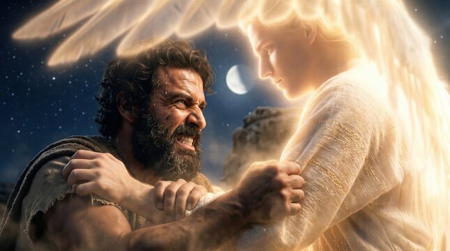 Jacob Wrestling with a Glowing Divine Angel Under Moonlight in a Dramatic Biblical Night Scene