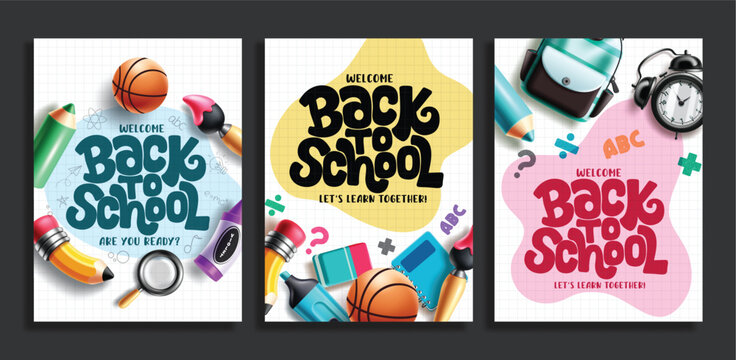 Welcome Back to school greeting text poster set. Back to School playful typography designs with colorful abstract background collection with school supplies such as pencil, backpack, magnifying glass