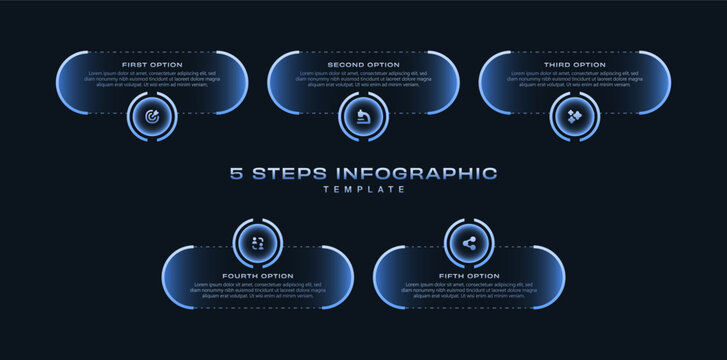 5 step infographic template with graphs, pie chart, workflow and circle diagram. Dark blue neon gradient futuristic style, editable vector for brochure, report, presentation, and web design use