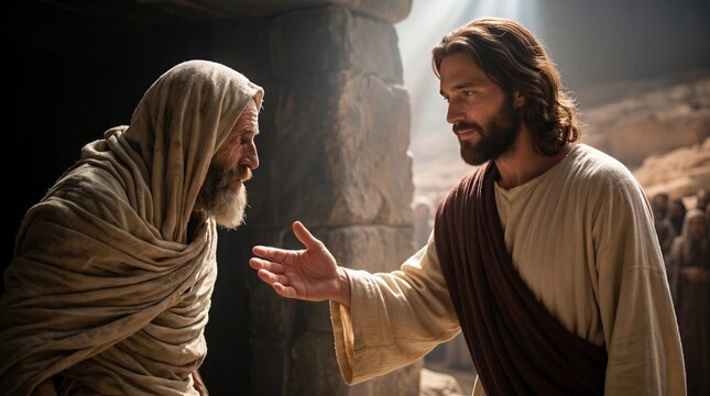 Jesus Christ Reaching Out to Lazarus Emerging from a Dark Stone Tomb Wrapped in Burial Cloths After Resurrection